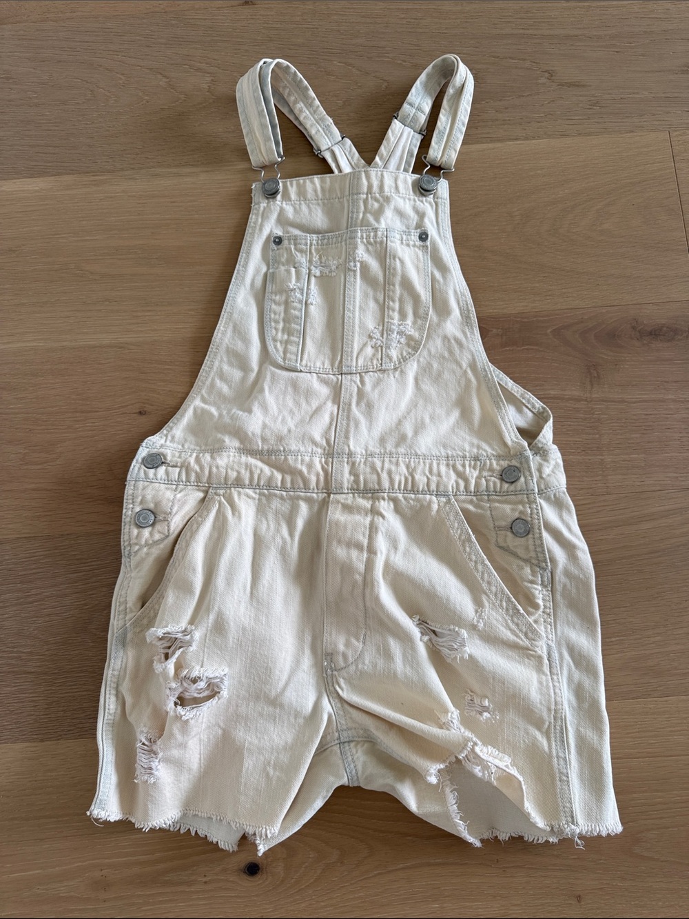 AE Cream Distressed Denim Short Overalls